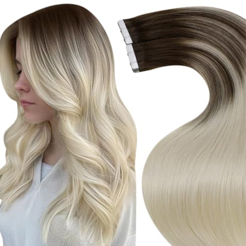 LaaVoo Tape in Human Hair Extensions Ombre Dark Brown to Platinum Blonde 22 Inch 50g/pack 20pcs Blonde Hair Extensions Seamless Skin Weft Tape in Extensions Real Human Hair
