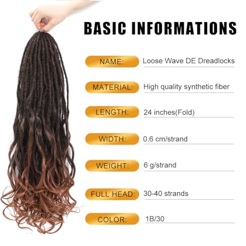 Aguacor Loose Wave Dreadlocks Synthetic French Curly Double Ended Dreadlock Extensions 24inches 30 Strands Thin Soft Black to Dark Brown Spanish Curly DE Dread Extension for Women (30 Strands, 1B/30)