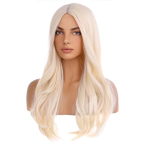 BERON Blonde Wigs for Women Girls Long Curly Wavy Wig Light Blonde Middle Part Hair Wig Heat Resistant Synthetic Fiber for Cosplay or Daily Use