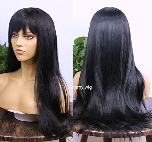 MSMYRNS Black Wig With Bangs Long Wavy Curly Glueless Fringe Unit Heat Resistant Synthetic Middle Part Full Machine Made No Lace Scalp Wig Costume Cosplay Hair Replacement Wig Girls Daily Use