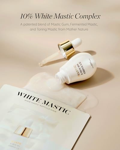 MASTINA White Mastic Ampoule Sheet Mask Pack of 12- Illuminating. Ultra-Moisturizing Facial Mask. Intensive Korean Skin Care. Fermented Mastic Gum