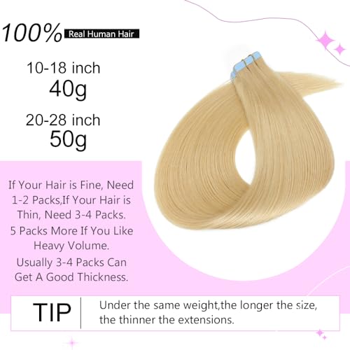 ELFSECRET 100% human hair Tape In Hair Extensions Invisible PU Seamless Skin Weft Tape in Real Human Hair Silky Straight Hair Extensions Soft Thick To End 40g/pack 20pcs (16 Inch, #613 Bleach Blonde)
