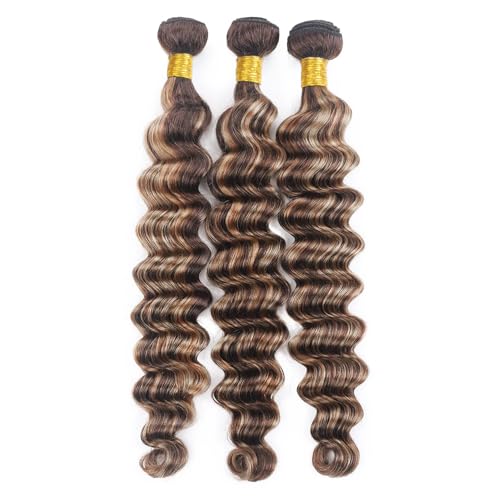 Fridnae Hair 24-28 Inch P4/613 Ombre Deep Wave Human Hair Bundles - Brazilian Unprocessed Virgin Hair, Two Tone Brown & Blonde Mix, Highlight Deep Wave