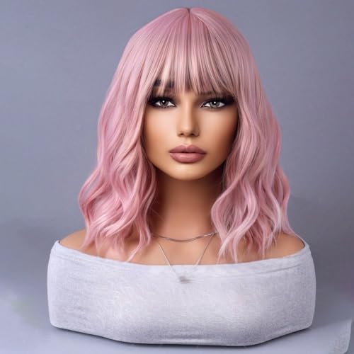 WTHCOS Short Pink Wig With Bangs for Women - Curly Wave Synthetic Shoulder Length Bob Cosplay Colored Wig