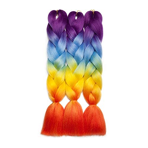 24" Ombre Jumbo Braiding Hair Extensions Jumbo Braid Hair Ombre Long Jumbo Braids For Box Twist Braid Crochet Hair High Temperature 4 Tone Colored (3 Bundles, Purple to Blue to Yellow to Orange)