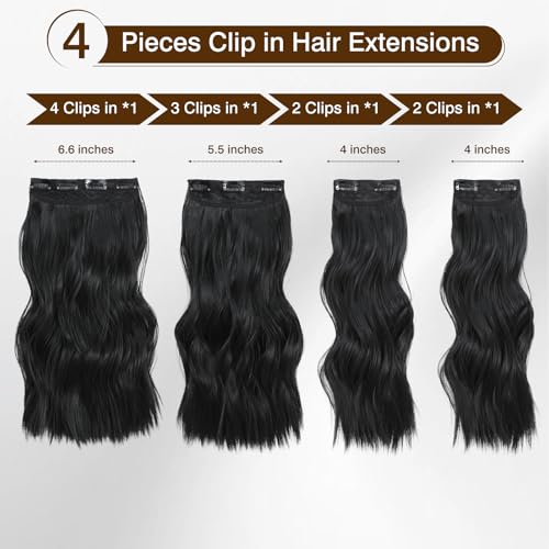 Clip in Hair Extensions Black Wavy Hair Extensions 16 Inch 4PCS Synthetic Hair Extensions Clip Ins Soft and Lightweight Hairpieces for Daily Wear
