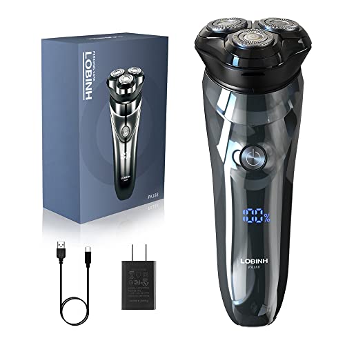 Men's Electric Shaver - LOBINH 3D Rechargeable Waterproof IPX7 Wet & Dry Shaving Electric Razor Rotary Shaver for Men with Pop-up Sideburn Trimmer,1 Hour Fast Charging, LCD Power Indicator - PA188