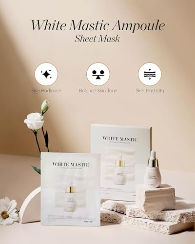 MASTINA White Mastic Ampoule Sheet Mask Pack of 12- Illuminating. Ultra-Moisturizing Facial Mask. Intensive Korean Skin Care. Fermented Mastic Gum