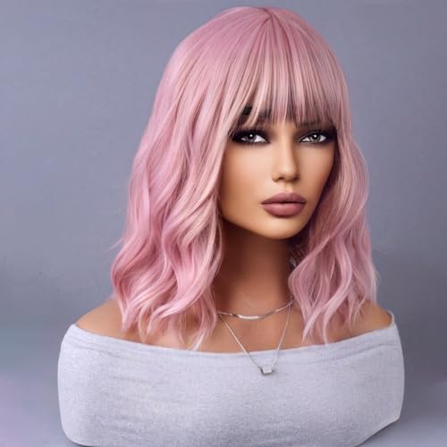 WTHCOS Short Pink Wig With Bangs for Women - Curly Wave Synthetic Shoulder Length Bob Cosplay Colored Wig