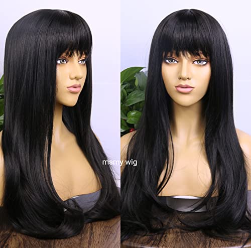 MSMYRNS Black Wig With Bangs Long Wavy Curly Glueless Fringe Unit Heat Resistant Synthetic Middle Part Full Machine Made No Lace Scalp Wig Costume Cosplay Hair Replacement Wig Girls Daily Use