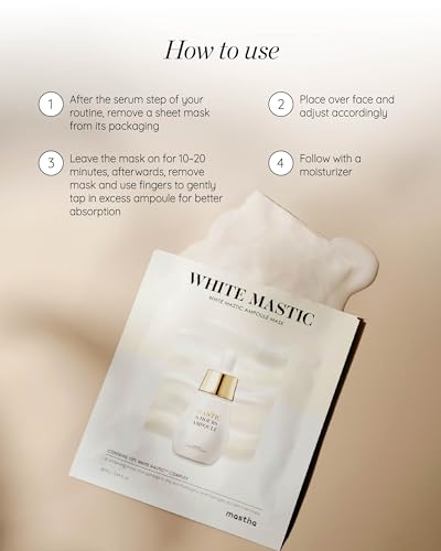 MASTINA White Mastic Ampoule Sheet Mask Pack of 12- Illuminating. Ultra-Moisturizing Facial Mask. Intensive Korean Skin Care. Fermented Mastic Gum