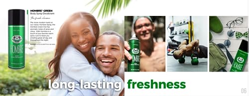 Hombre Green Deodorant Fresh Body Spray for Men 5.5Oz -156g (6 Pack)