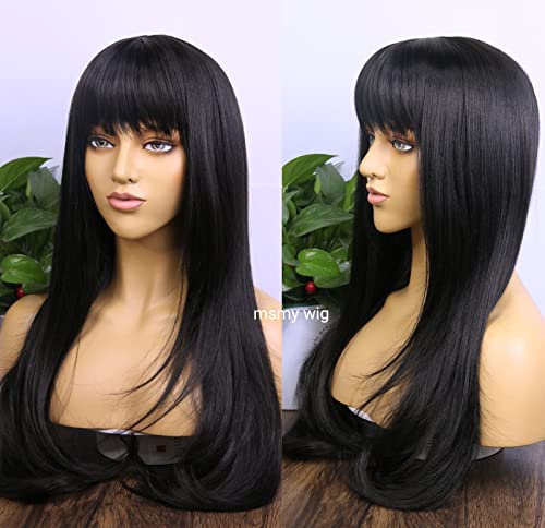 MSMYRNS Black Wig With Bangs Long Wavy Curly Glueless Fringe Unit Heat Resistant Synthetic Middle Part Full Machine Made No Lace Scalp Wig Costume Cosplay Hair Replacement Wig Girls Daily Use