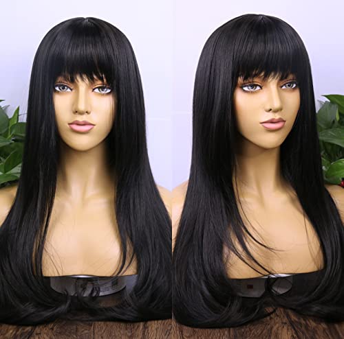 MSMYRNS Black Wig With Bangs Long Wavy Curly Glueless Fringe Unit Heat Resistant Synthetic Middle Part Full Machine Made No Lace Scalp Wig Costume Cosplay Hair Replacement Wig Girls Daily Use