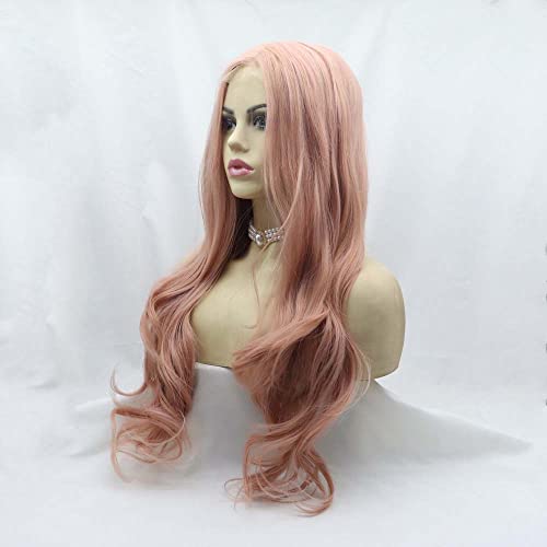 Melody Wig Synthetic Lace Front Wigs for Women - Long Wavy Pink Wig with Middle Part, Heat Resistant Fiber, Rose Gold Pastel Pink Hair, U Lace Front