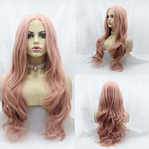 Melody Wig Synthetic Lace Front Wigs for Women - Long Wavy Pink Wig with Middle Part, Heat Resistant Fiber, Rose Gold Pastel Pink Hair, U Lace Front