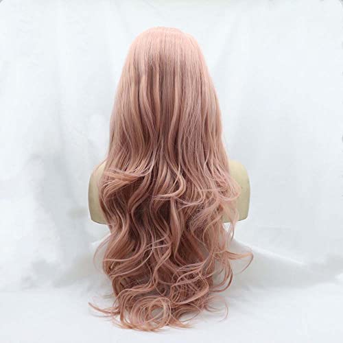 Melody Wig Synthetic Lace Front Wigs for Women - Long Wavy Pink Wig with Middle Part, Heat Resistant Fiber, Rose Gold Pastel Pink Hair, U Lace Front