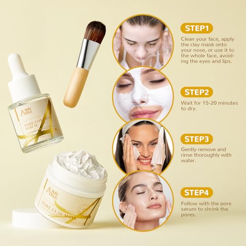 ANAI RUI 2 in-1 Pore SkinCare Set, Pore Clay Mask+Pore Minimizing Serum,Volcanic Pore Clay Mask for Nose&Face, Pore Reducer, Sebum Control Pore Exfoliating Solution, Skincare for Women