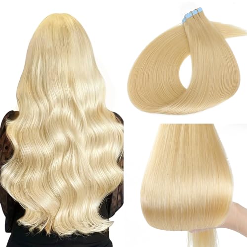 ELFSECRET 100% human hair Tape In Hair Extensions Invisible PU Seamless Skin Weft Tape in Real Human Hair Silky Straight Hair Extensions Soft Thick To End 40g/pack 20pcs (16 Inch, #613 Bleach Blonde)