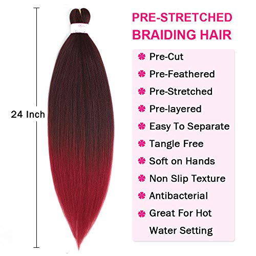 BEFUNNY Ombre Red Braiding Hair Pre Stretched, 8 Packs/Lot 24 Inch Pressional Prestretched Braiding Hair, Yaki Texture Synthetic Hair Extensions For Human Crochet Braids, Itch Free(24", T1B/Burgundy#)