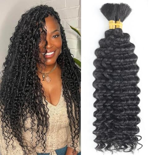 Deep Wave Bulk Human Hair For Braiding 100 Percent Human Braiding Hair For Boho Braids No Weft Brazilian Virgin Curly Human Hair Extensions（2 Braids Per of 1 pack 100g ）