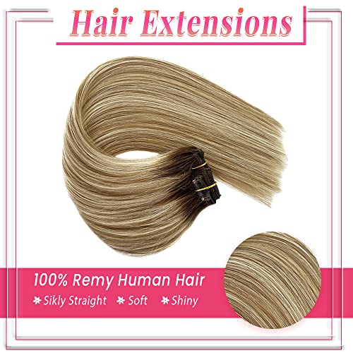 Human Hair Clip in Hair Extensions Balayage Hair Extensions Brown Mixed Blonde 18inch Real Remy Hair Extensions Clip ins Extensions Straight Silky Blonde Highlights Remy Hair 7pcs 70g