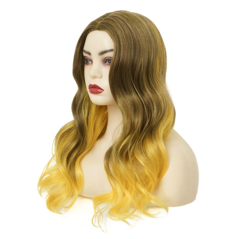 Amnenl Yellow Ombre Long Wavy Wigs for Women Brown Curly Natural Looking Wig Synthetic Middle Part Hair Wig for Daily Use