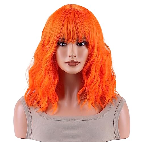 AneShe Orange Wavy Synthetic Wig with Bangs for Women - Short Colorful Wig (14" Orange)