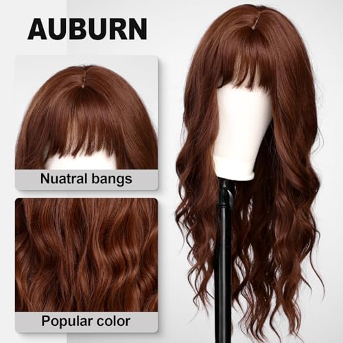 KOME Auburn Wigs with Bangs,Copper Red Long Wavy Wig for Women,Long Curly Synthetic Hair Wig for Party Daily Use 24IN