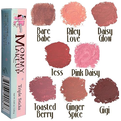 Mommy Makeup Triple Sticks Lipstick, Cream Blush & Teatment All-In-One with Shea & Cocoa Butter - Soft & Creamy Moisturizing Lip Crayon For Lips & Cheeks (Bare Babe)