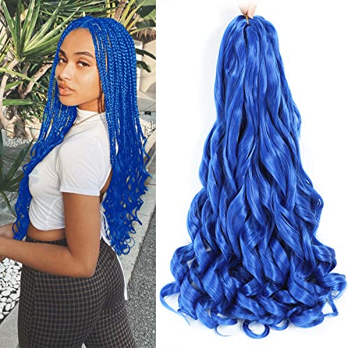 French Curly Bouncy Braiding Hair - 24 Inch Blue Color, Pre-Stretched, Loose Wavy Synthetic Hair Extensions For Black Women (2 Packs)