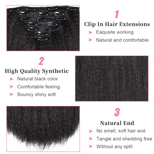 Yargel Hair 12 Inch 1 Pack Kinky Straight Clip in Hair Extensions for Black Women Yaki Straight Clip ins Full Head Seamless Synthetic Hair Pieces(7 Pcs/Set 16 Clips)