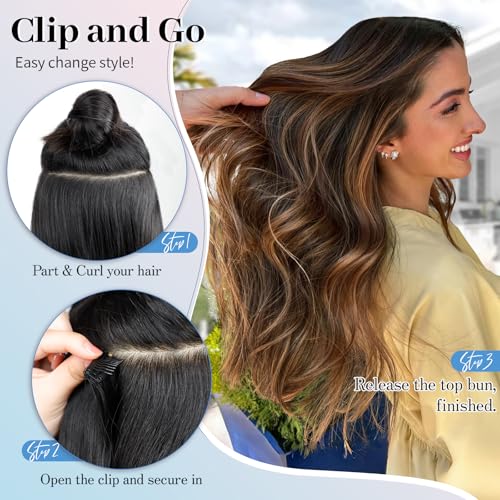 Isaic Clip in Synthetic Hair Extensions Layered Long Wavy 5PCS Thick Hairpieces Balayage Chocolate Brown to Caramel Blonde Synthetic Double Weft Natural Hair Extensions 16 Inch for Women