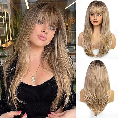 EMMOR Long Straight Yaki Wigs for Women with Bangs Comfortable Elastic Band 26 Inch Heat-resistant Synthetic Fibers(Mixed Brown)