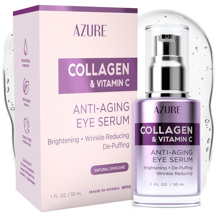 Azure Cosmetics Collagen & Vitamin C Anti Aging Eye Serum - Toning, De-Puffing Serum - Reduces Wrinkles, Fine Lines & Dark Circles - Minimizes Fatigue - Skin Care Made in Korea - 30mL / 1 fl.oz.