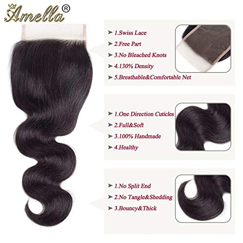 Amella Hair 8A Brazilian Human Hair Body Wave Bundles with Closure (10-14+10, Free Part) - 100% Unprocessed Brazilian Body Wave Hair Bundles with 4x4 Swiss Lace Closure