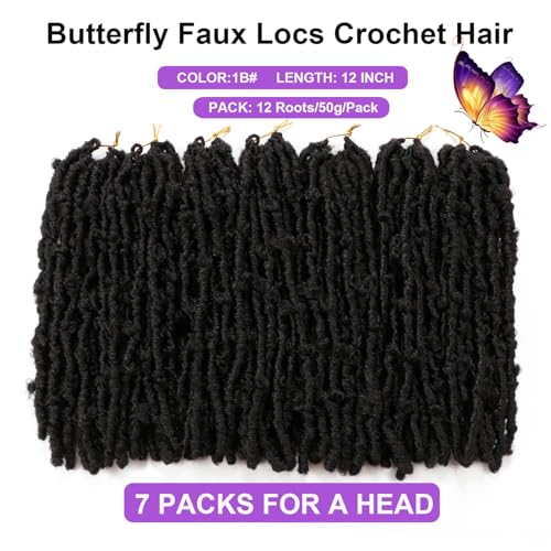 Butterfly Locs Crochet Hair 7 Packs 12 Inch Lightweight Pre Looped Soft Faux Locs for Black Women (12Inch 7Pack, 1B#)