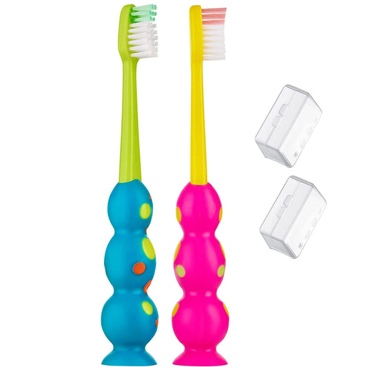 Trueocity Kids Toothbrush 2 Pack - Soft Contoured Bristles - Child Sized Brush Heads (3-10 Year Old) - Suction Cup for Fun & Easy Storage - Girl & Boy Set (2-Pack, Multi-Color)