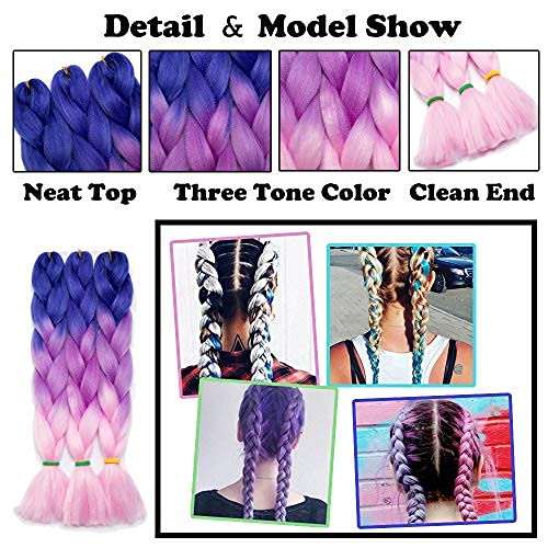 24" Ombre Jumbo Braiding Hair Extensions Jumbo Braid Hair Ombre Long Jumbo Braids For Box Twist Braid Crochet Hair High Temperature 4 Tone Colored (3 Bundles, Purple to Blue to Yellow to Orange)