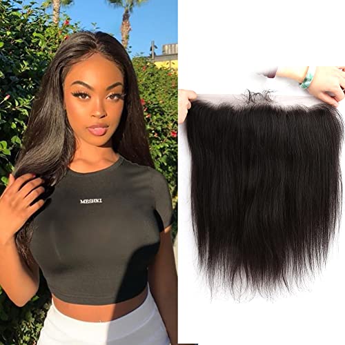 Greatremy Brazilian Virgin Human Lace Frontal Closure with Free Part Baby Hair Ear To Ear Straight 13"x4" Density Natural Color 10inch