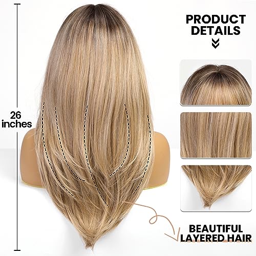 EMMOR Long Straight Yaki Wigs for Women with Bangs Comfortable Elastic Band 26 Inch Heat-resistant Synthetic Fibers(Mixed Brown)