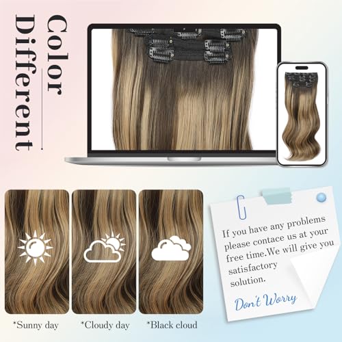 Isaic Clip in Synthetic Hair Extensions Layered Long Wavy 5PCS Thick Hairpieces Balayage Chocolate Brown to Caramel Blonde Synthetic Double Weft Natural Hair Extensions 16 Inch for Women