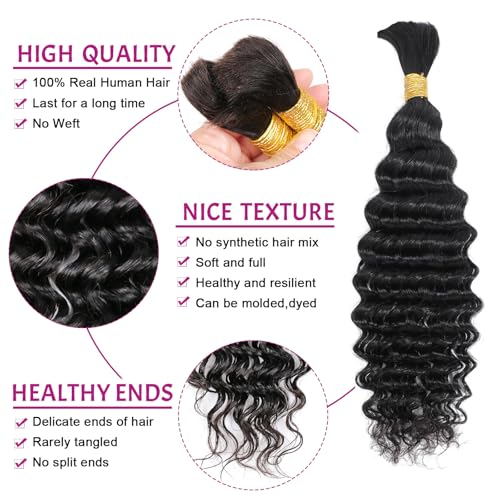 16 Inch Deep Wave Bulk Human Hair Weft 50g (1Bundles/Pack) Human Braiding Hair for Braiding No Weft Bundle 10A Brazilian Virgin Curly Human Hair Extensions for Boho Braids Wet and Wavy Human Hair