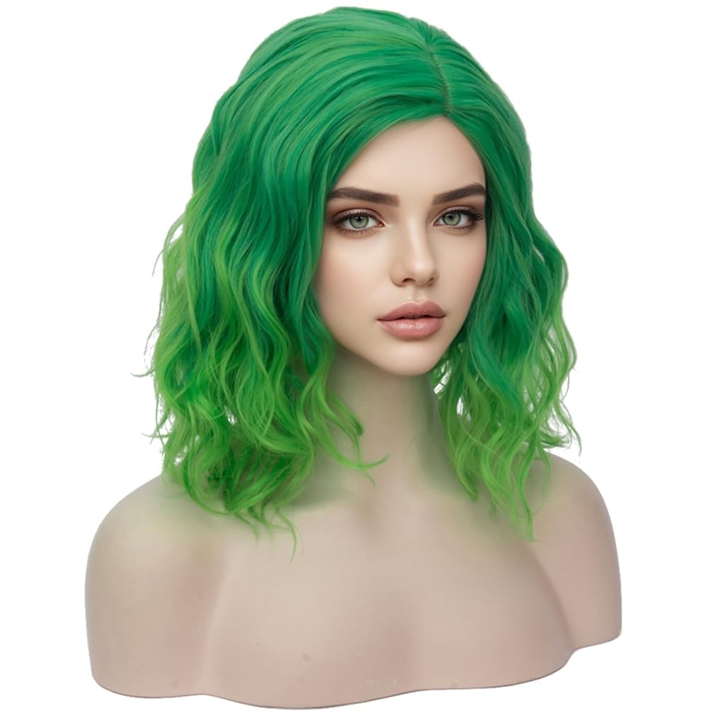 WTHCOS Green Wigs Short Curly Wavy Wig Green Bob Wig for Women Girls 14 Inches Natural Looking Synthetic Wigs for Cosplay Halloween Costume Party with Wig Cap