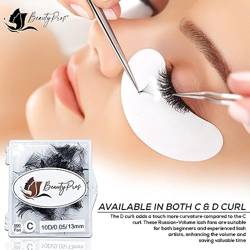 BeautyPros Professional Lash Extension Kit – Faux Mink Bundle 500 Lash Fans (8-17mm)- Premade Loose Fans base (0.05mm & 0.07mm) -Volume Lash Extensions Multiple Selection -Black (3D D Curl 12mm)
