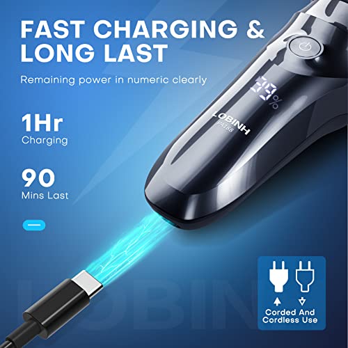 Men's Electric Shaver - LOBINH 3D Rechargeable Waterproof IPX7 Wet & Dry Shaving Electric Razor Rotary Shaver for Men with Pop-up Sideburn Trimmer,1 Hour Fast Charging, LCD Power Indicator - PA188