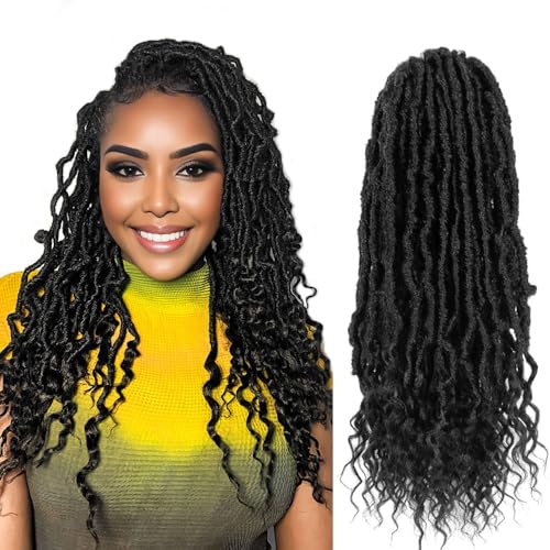 SERENDIPA Boho Faux Locs Curly End, 18 Inch Long Pre-Looped Soft Crochet Goddess Locs Synthetic Hair (6 Packs, 1B, Natural Black)