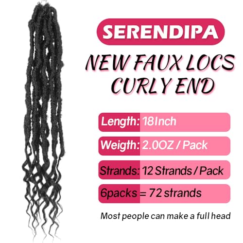SERENDIPA Boho Faux Locs Curly End, 18 Inch Long Pre-Looped Soft Crochet Goddess Locs Synthetic Hair (6 Packs, 1B, Natural Black)