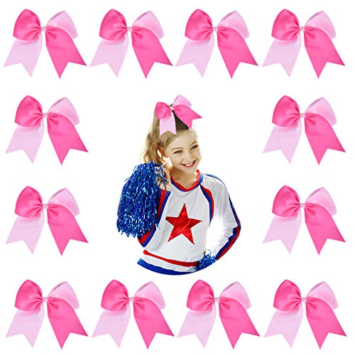 DEEKA 12PCS 8" Two Toned Large Cheer Hair Bows Ponytail Holder Handmade for Teen Girls Softball Cheerleader Sports-Light Pink/Bright Pink