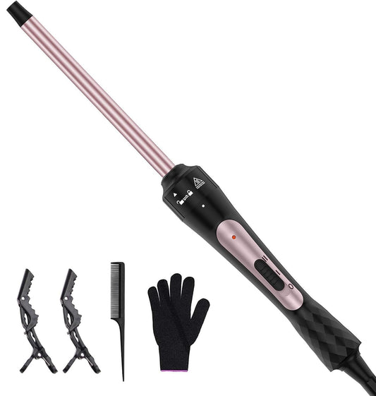 Karrong 3/8 Inch Tourmaline Ceramic Curling Wand, Small Curling Iron for Short & Long Hair, 30S Instant Heat Up, 2 Temperature Settings, Includes Heat Protective Glove & 2 Clips